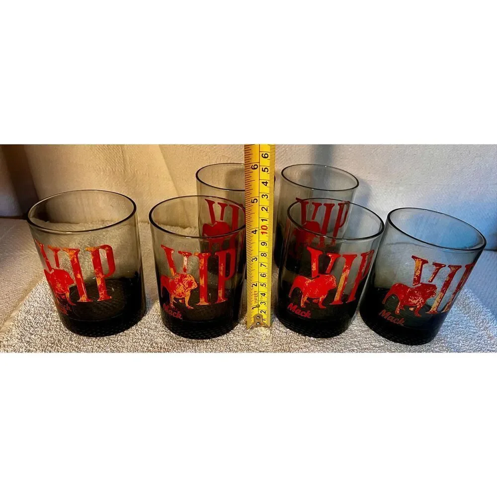 Set of 6 1960's /70's • Mack Truck VIP • Bulldog Smoke Glasses Lowball Cocktail